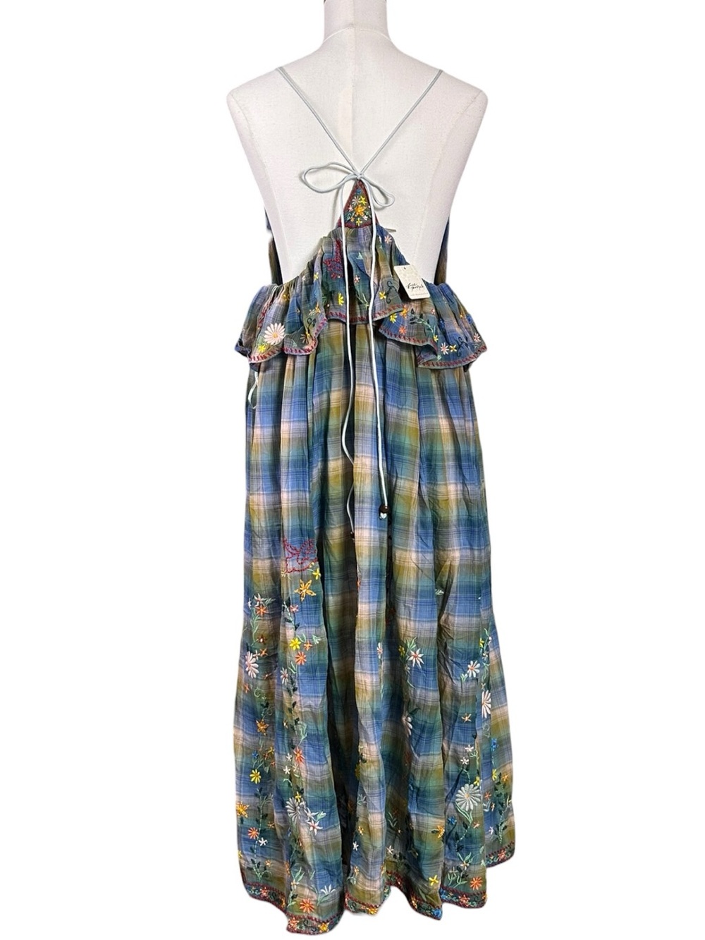 Free People Bohemian 70s Embroidered Plaid Songs Of Summer Maxi Dress Large NWT - Picture 12 of 16
